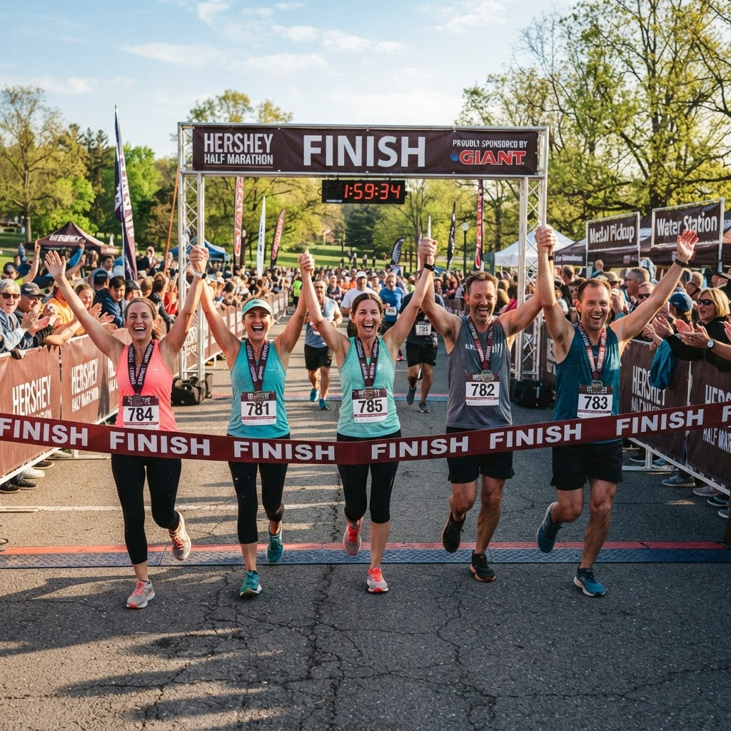 Runners crossing the finish line together with arms raised