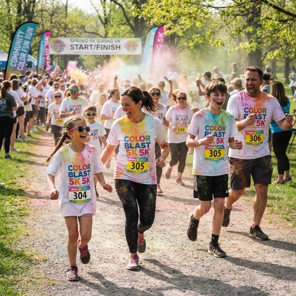 Kids and adults covered in bright color powder at a fun run