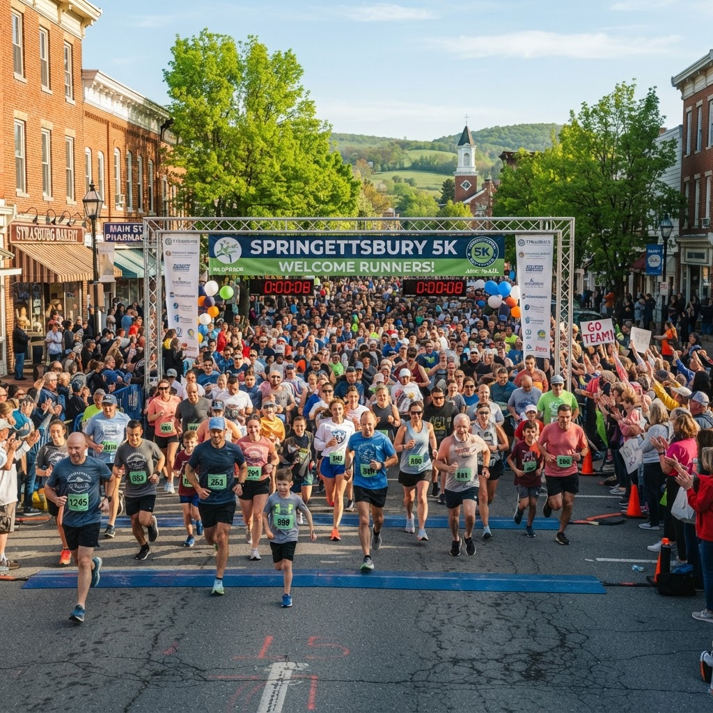 Runners surging across the start line at a Bucks 5K Series race